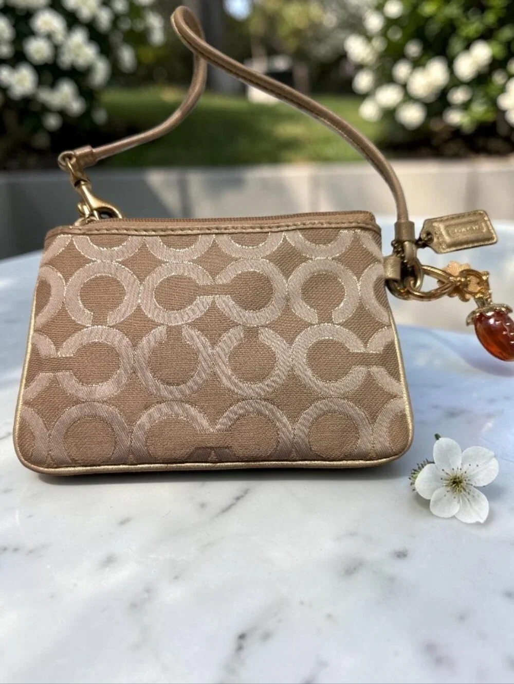 Coach Beige Signature Jacquard Wristlet with Gold Hardware